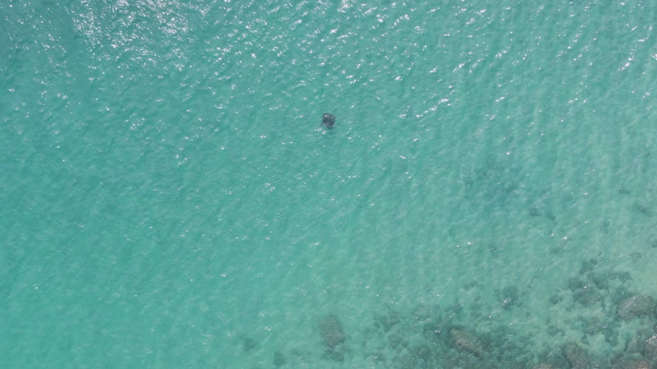 Overhead view of clear turquoise water at Puerto Los Cabos Beach with sun ripples, faint rocky seabed patches near the lower edge, and no visible identifiable people.