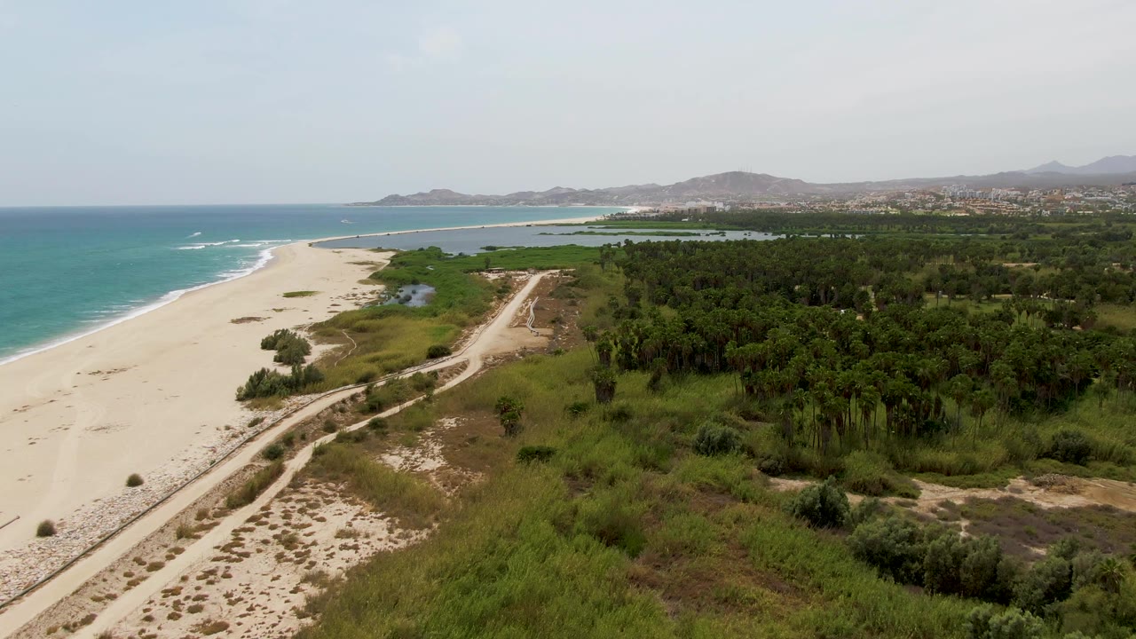 Aerial view over Puerto Los Cabos Beach with a broad sand strip, turquoise water and breaking waves on the left, a pale road through scrub in the midground, inland green canopy, distant hills, and no visible people.