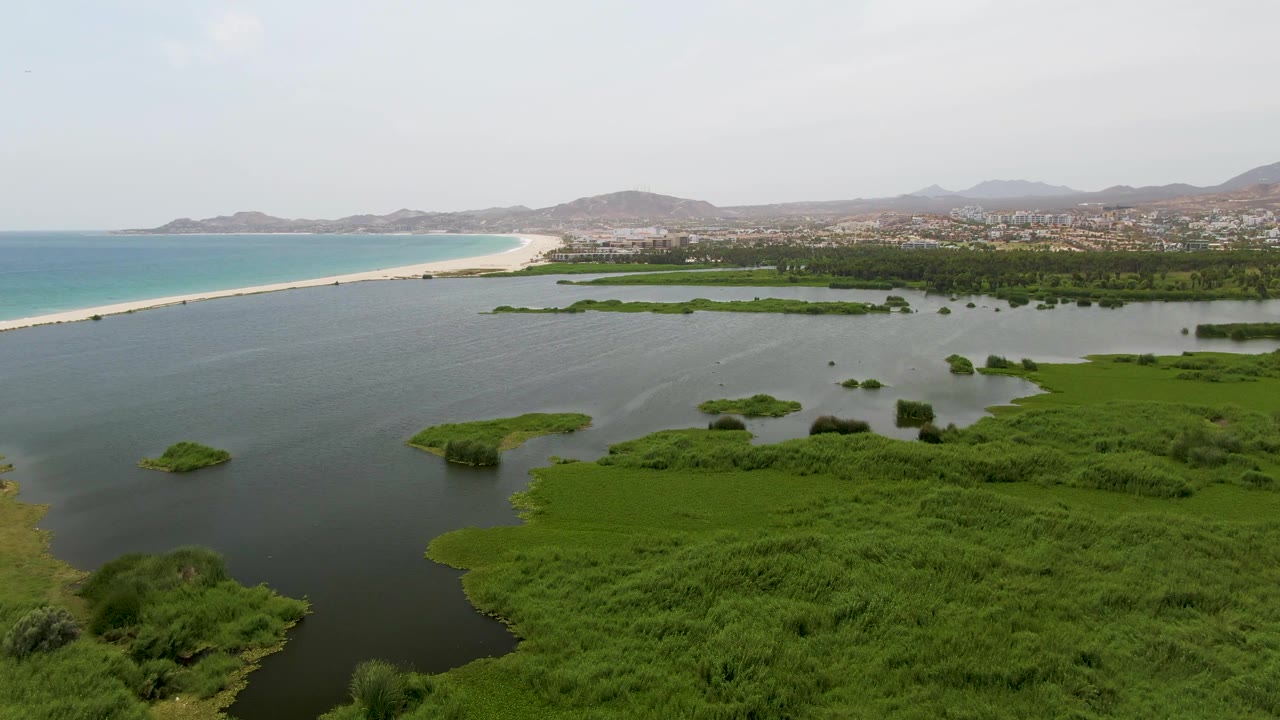 Aerial view of green wetland, lagoon water, sandy beach, ocean, distant town, and low hills.