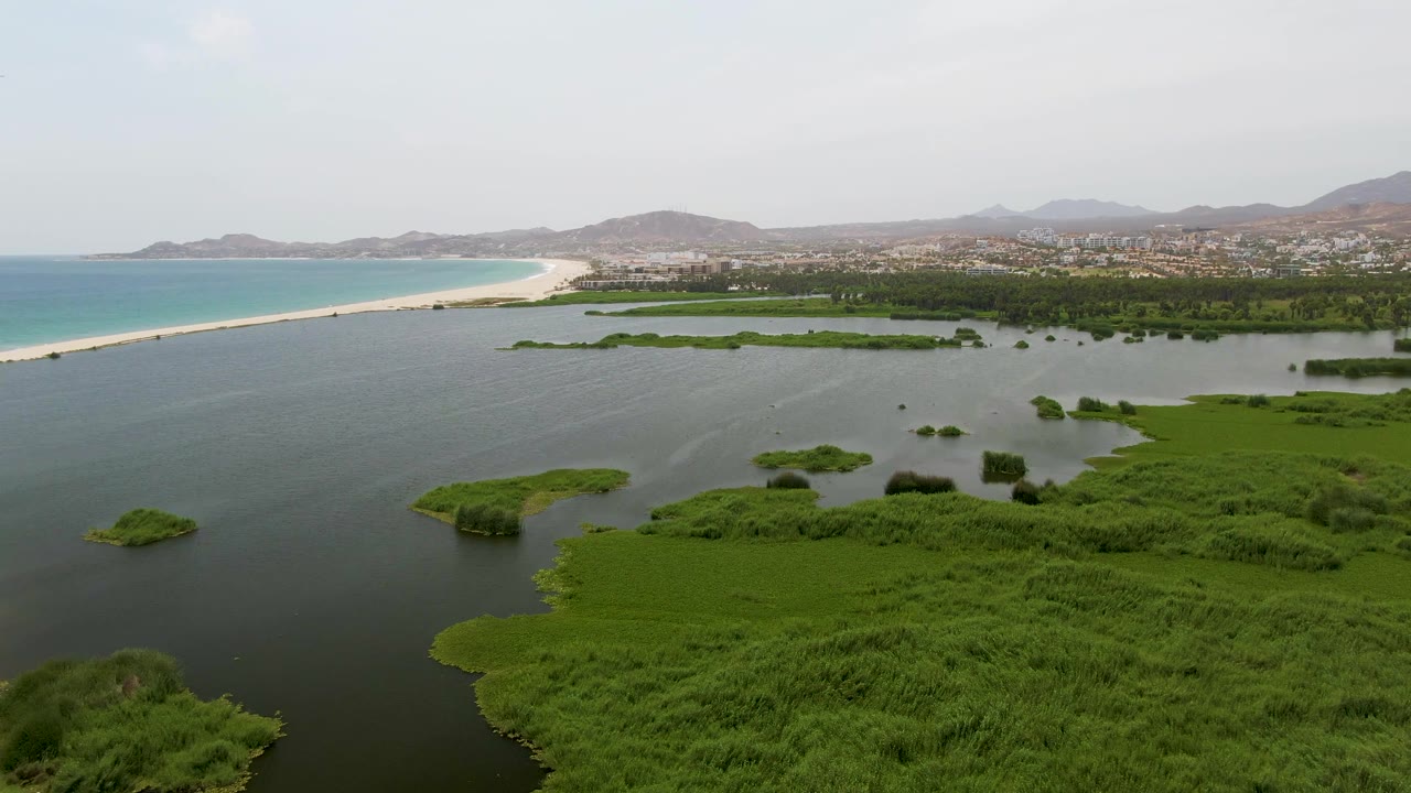 Aerial frame at Puerto Los Cabos Beach showing calm lagoon water bordered by dense green wetland, with a long sandy beach, ocean strip, distant town, low hills, and no visible people.