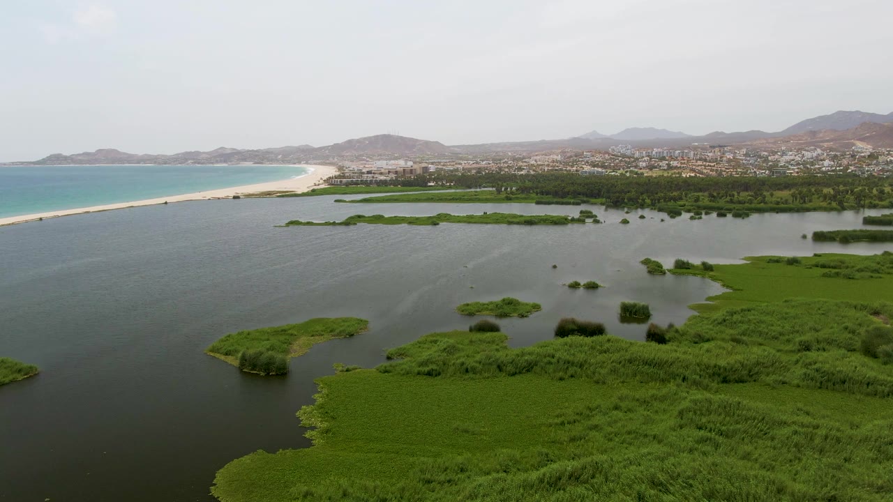 Mid-clip aerial frame over Puerto Los Cabos Beach with a larger open lagoon area in front, green wetland masses along the lower edge, a pale beach and blue ocean at left, distant town, hills, and no visible people.
