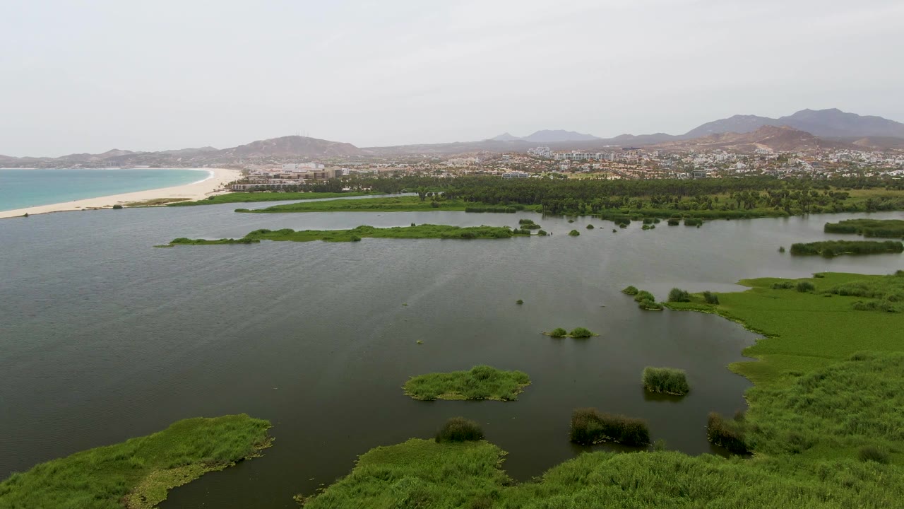 At 0:02, green wetland vegetation fills the lower right while smaller marsh islands sit in open lagoon water below the Puerto Los Cabos Beach shoreline, with no visible people.