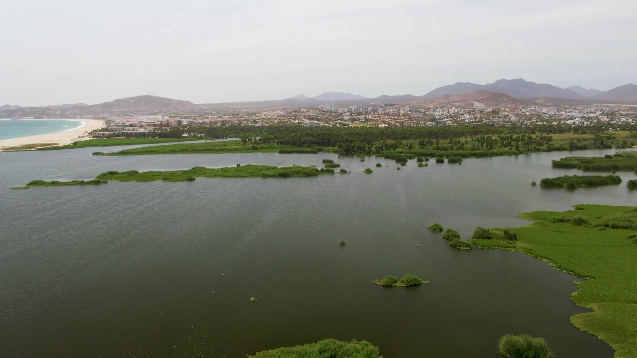 Aerial frame over Puerto Los Cabos Beach showing calm wetland water with green islands, a sandy beach at left, distant town development, low mountains, overcast sky, and no visible people.