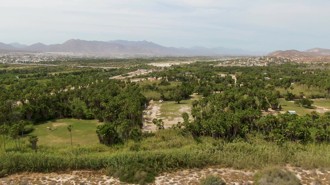 Aerial frame over Puerto Los Cabos Beach, Mexico, showing sandy foreground scrub, green fairway sections, dense vegetation, a pale dirt route, and no visible people against distant mountains.