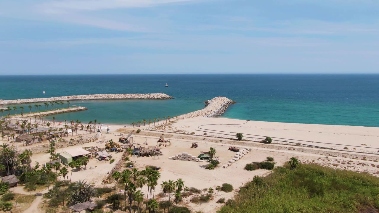 At 0:01, the aerial composition holds on Puerto Los Cabos Beach with a line of palms near the lower frame, open sand through the center, breakwaters enclosing turquoise water, and no visible people.