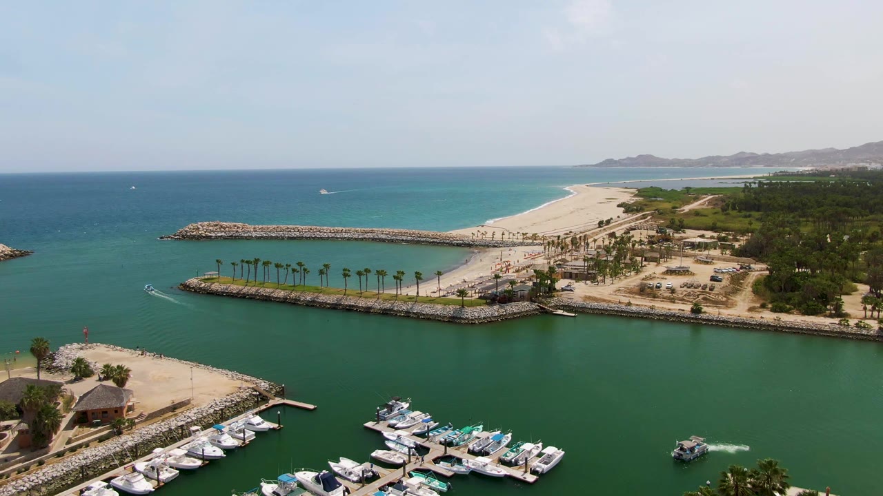 Puerto Los Cabos Beach aerial view with the boat wake shifted across the marina water, a row of palm trees along the breakwater, docked boats below, pale sand curving beside the turquoise ocean, and no visible people.