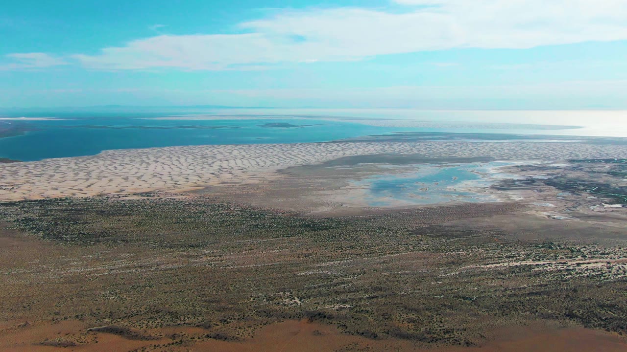 Aerial view over Guerrero Negro coastal wetland with dry vegetation in front, pale sand flats and shallow blue water beyond, and no visible people.