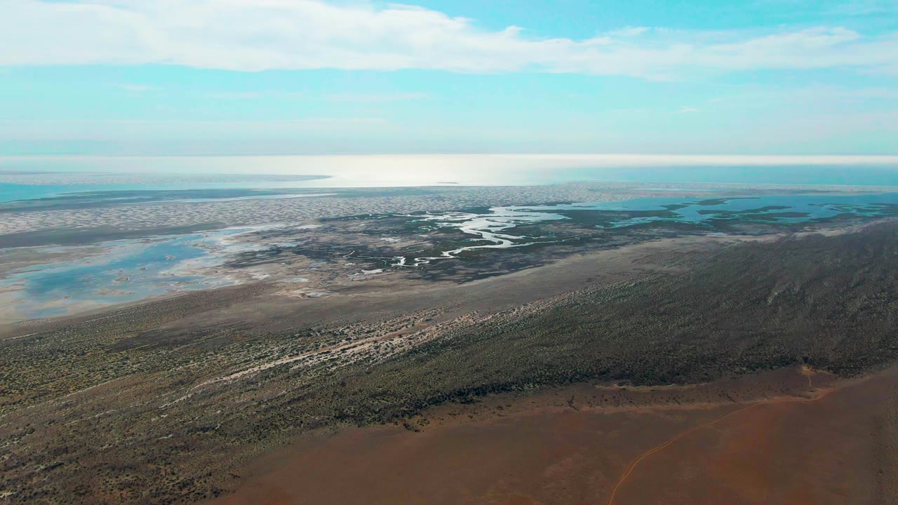 Aerial view of coastal estuary, marsh vegetation, mud flats, and reddish shore