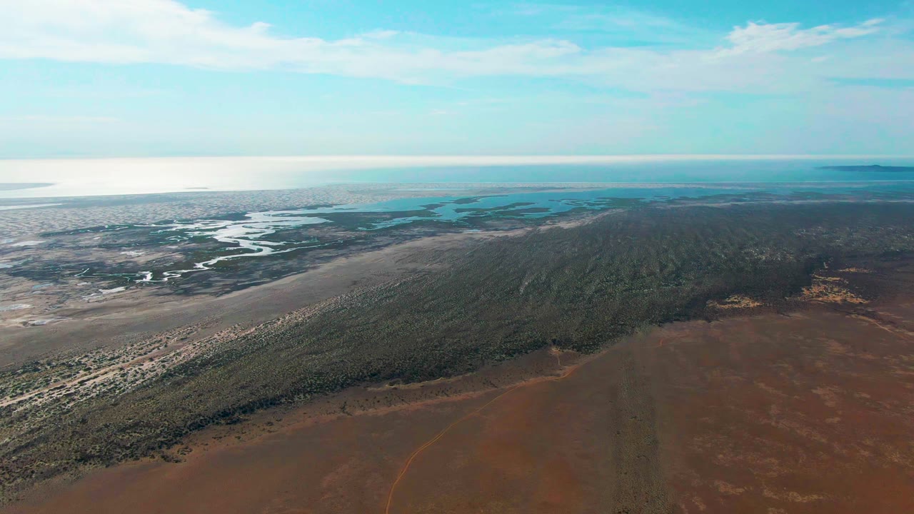 High aerial view in Guerrero Negro with winding tidal channels at left, a long green vegetation band through the center, rust-brown foreground terrain, and no visible people.