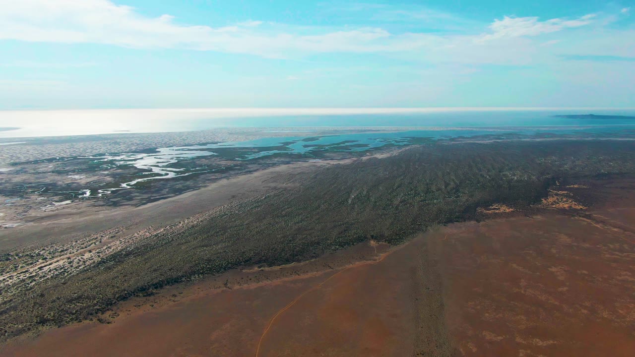 Aerial frame over the Guerrero Negro coast showing exposed pale sand between the water and vegetation, a broad brown inland area in front, blue water beyond, and no visible people.