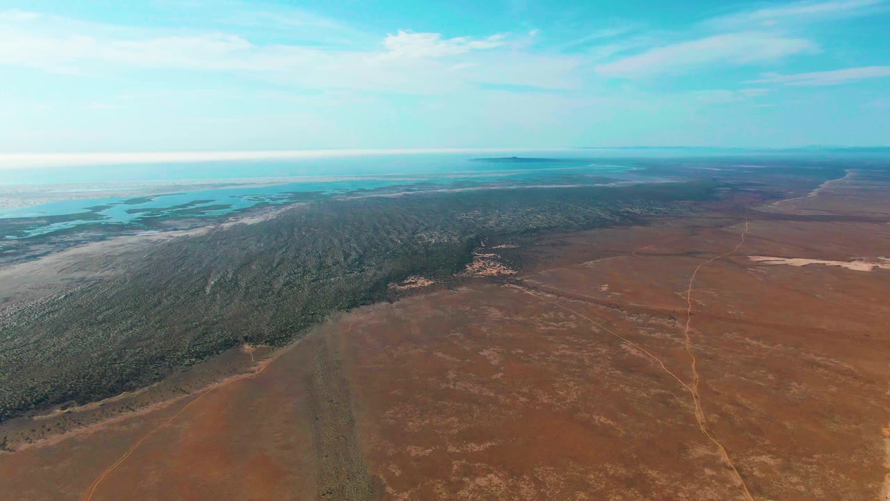 Aerial view of arid terrain beside dense forest and distant coast