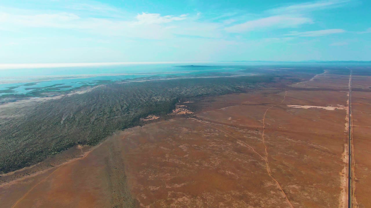 Opening aerial frame over Guerrero Negro, Baja California Sur, with dark green forest on the left, brown open field on the right, distant pale water near the horizon, a straight dirt road at the right edge, and no visible people.