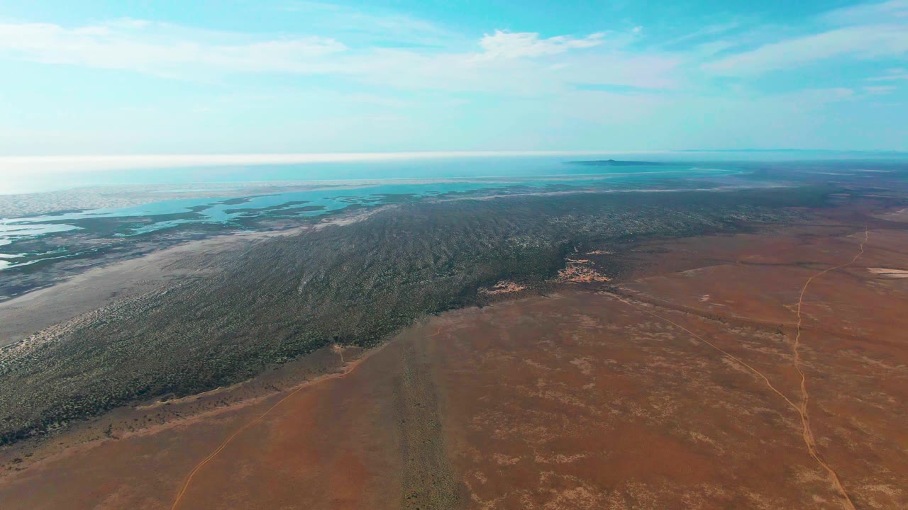 Aerial view over Guerrero Negro with the forest stretching diagonally across the frame, reddish brown land in the foreground, distant water in back, and no visible people.
