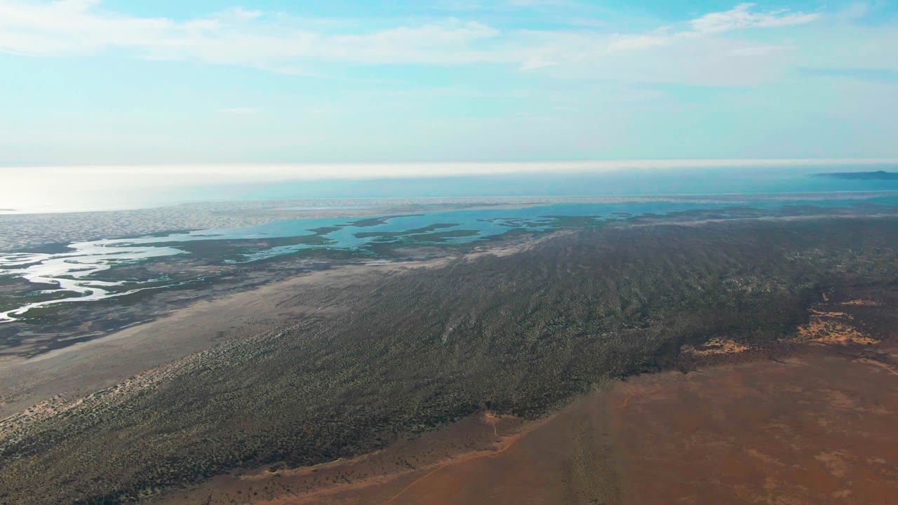 High drone composition over Guerrero Negro, Baja California Sur, showing blue estuary water beyond a broad dark green forest band, rust-brown arid ground in front, thin clouds, and no visible people.