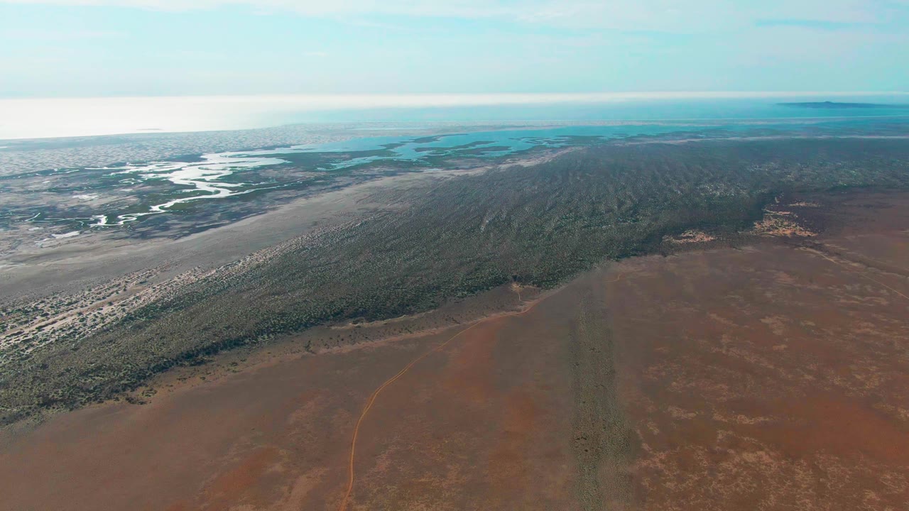 Aerial view of red plain, green vegetation, and river channels near the horizon