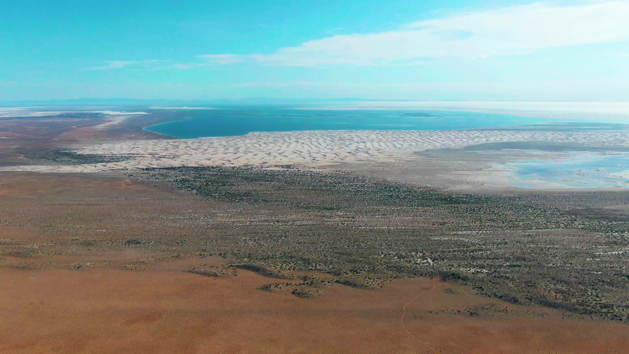 Aerial view in Guerrero Negro with the vegetation band sitting lower in frame, pale shallow water stretching across the upper middle, a darker blue lagoon or coastal water beyond, and no visible people.