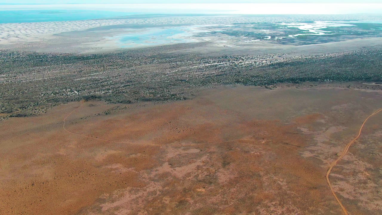 High aerial frame over Guerrero Negro showing reddish-brown desert textures, a pale dirt road curving along the right side, darker vegetation, distant water, and no visible people.
