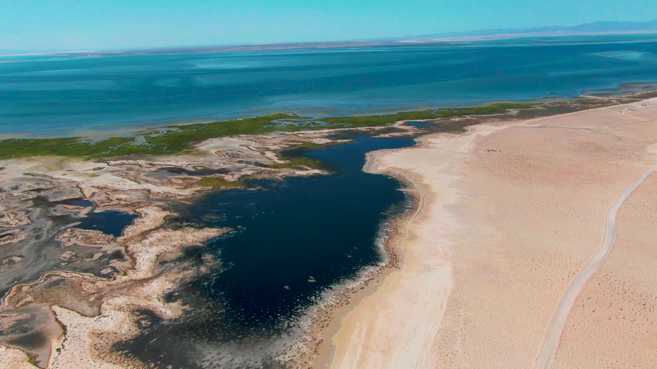 Drone-style aerial frame in Guerrero Negro showing dark lagoon water curving into pale beach terrain, green wetland strips near the coast, turquoise ocean beyond, and no visible people.