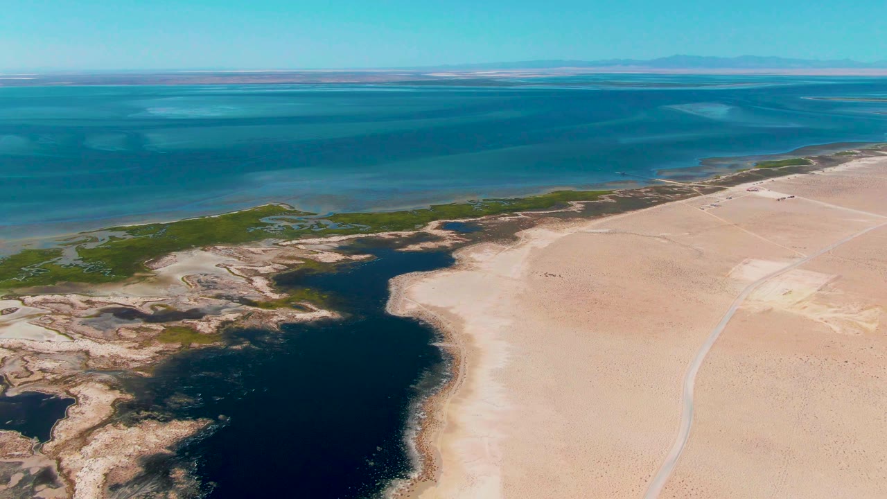 Aerial view in Guerrero Negro with calm blue water across the upper frame, sandy beach on the right, green shoreline vegetation, dark water pockets near shore, and no visible people.