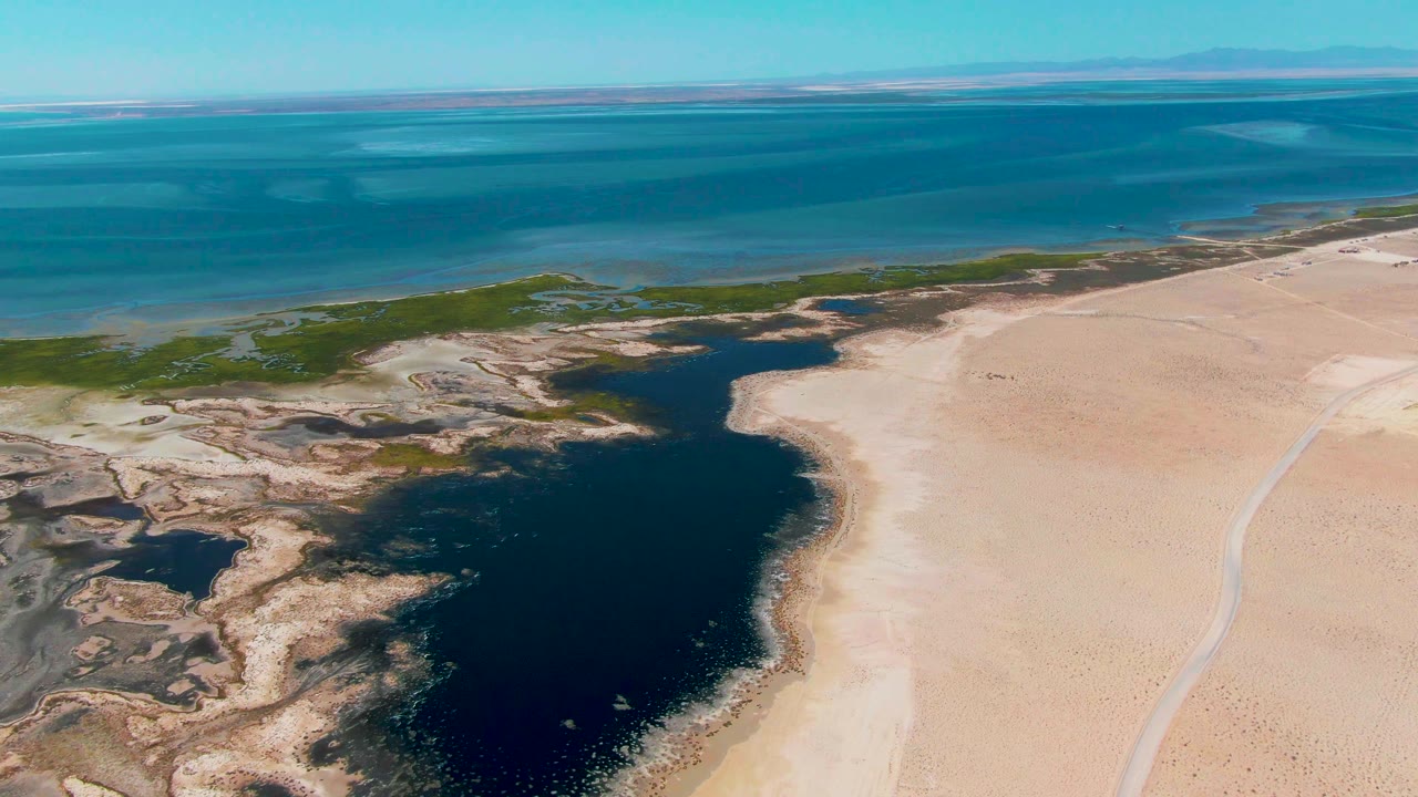 Aerial frame over Guerrero Negro with dark lagoon water in the lower center, pale sand on the right, green vegetation near the shore, blue ocean beyond, and no visible people.