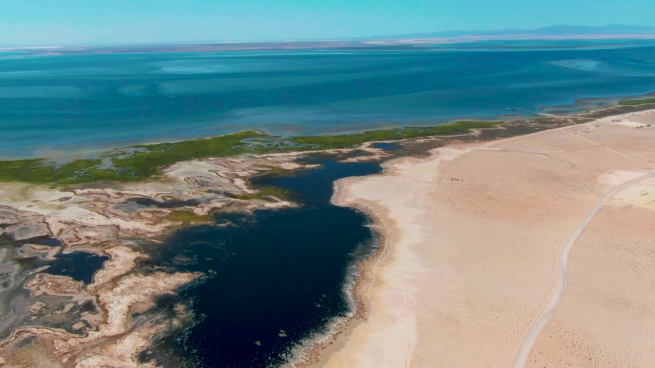 Wide aerial frame over Guerrero Negro showing the lagoon along the lower left, a broad sandy shore to the right, green coastal vegetation in the middle distance, ocean beyond, and no visible people.