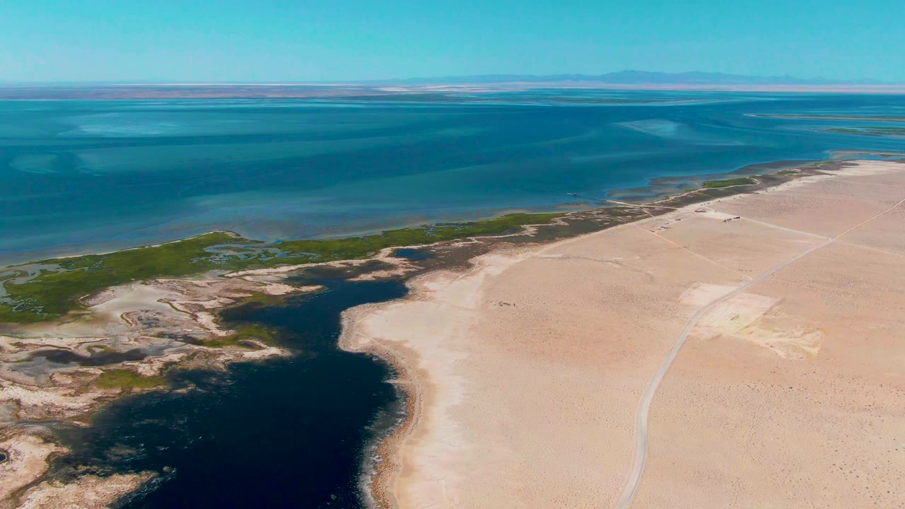 At 0:01, the Guerrero Negro shoreline remains in a high oblique view, with shallow blue water across the top, sandy flats to the right, green marsh in the center, and no visible people.