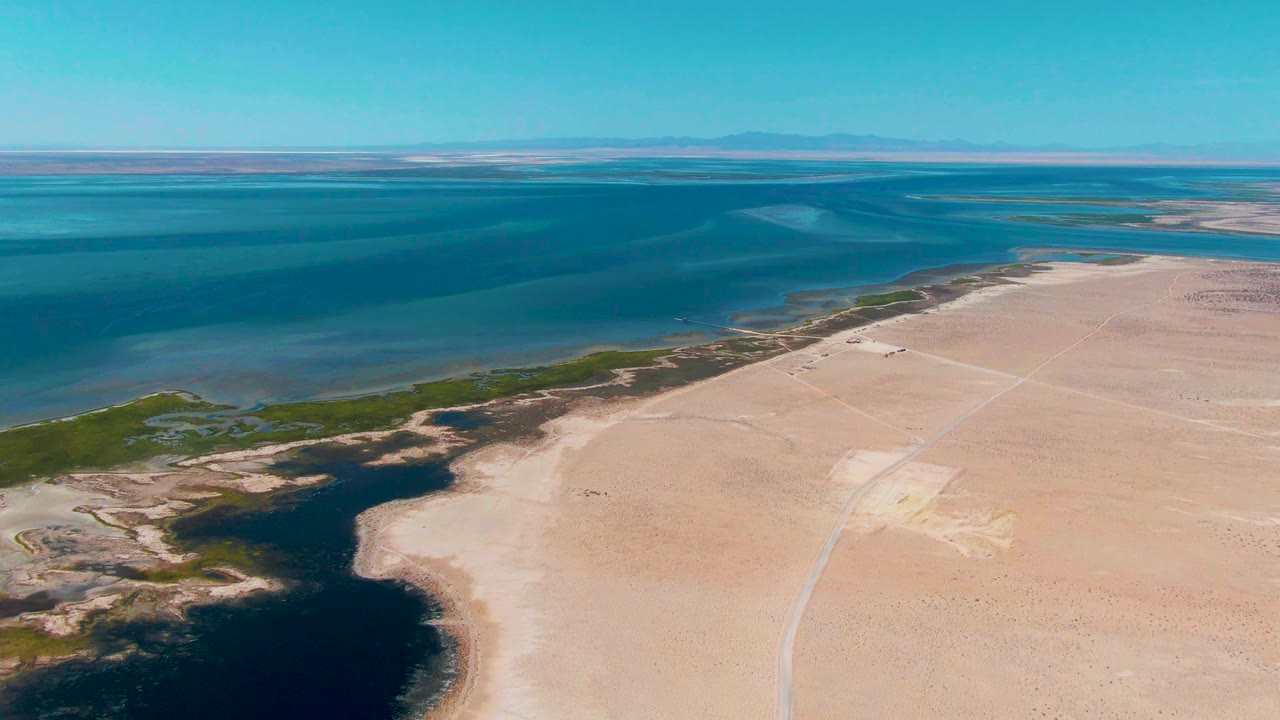 Mid-clip aerial view in Guerrero Negro with the dark water body at lower left, pale exposed desert sand to the right, green shoreline vegetation between them, a flat horizon, and no visible people.