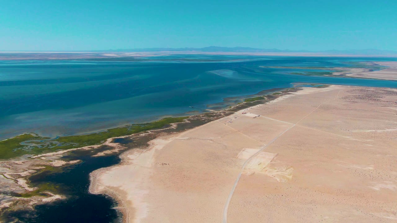 High aerial frame from Guerrero Negro showing the water edge slightly farther along the sandy shore, with green vegetation bands, pale sand flats, a light road track, and no visible people.
