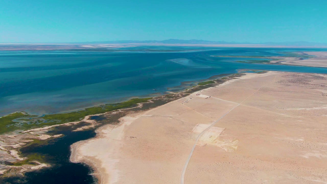 Aerial Guerrero Negro shoreline view with deep blue water across the upper frame, pale sand below, a narrow road track crossing the desert surface, shoreline vegetation, and no visible people.
