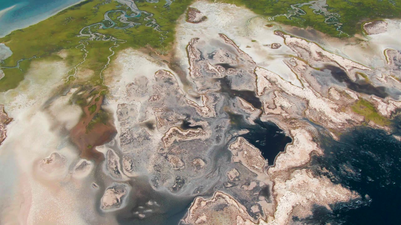 Aerial view of fog over pale coastal wetland flats and dark water pools.