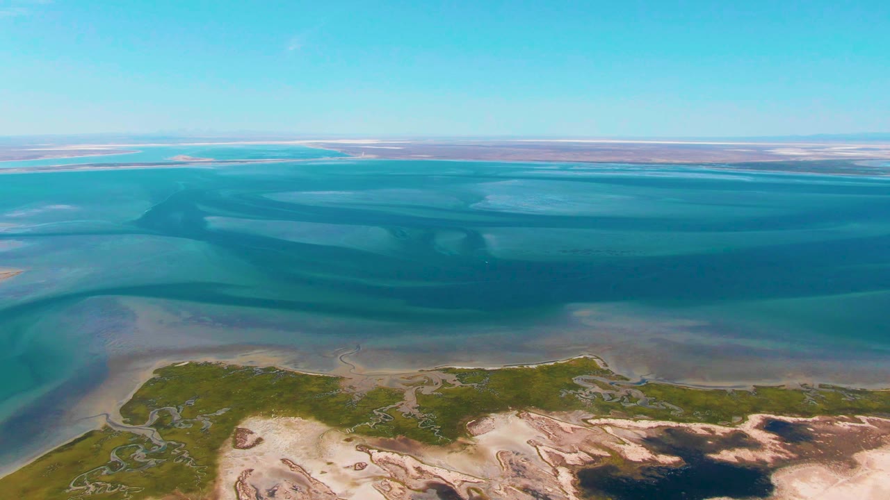 Aerial view in Guerrero Negro showing shallow blue coastal water above green marsh and pale sandy ground, with the open horizon and no visible people.
