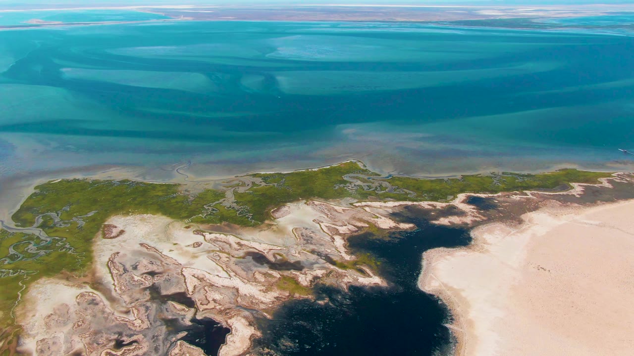 Aerial frame over Guerrero Negro showing broad turquoise water above a sand and vegetation boundary, with dark wet shoreline patches and no visible people.