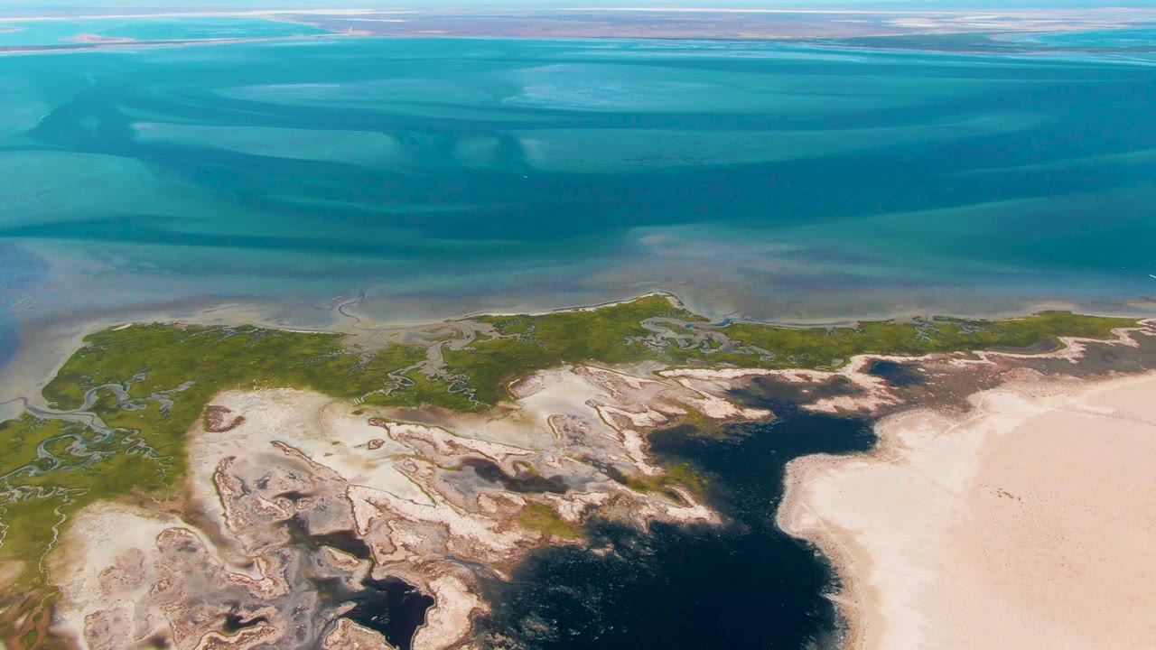 High aerial view of Guerrero Negro shoreline with turquoise shallows, pale sand, green vegetation, and dark wet areas, with no visible people.