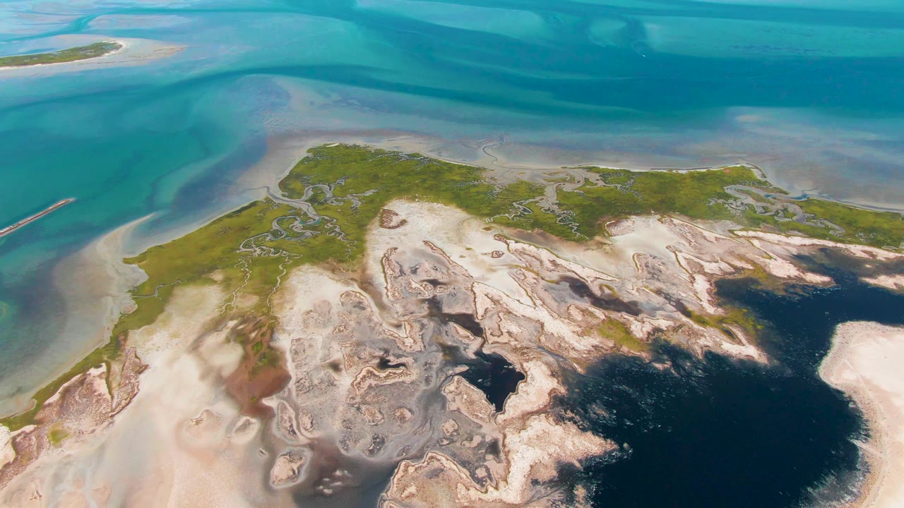 High aerial coastline with shallow blue water, exposed sand, mud channels, and green vegetation.