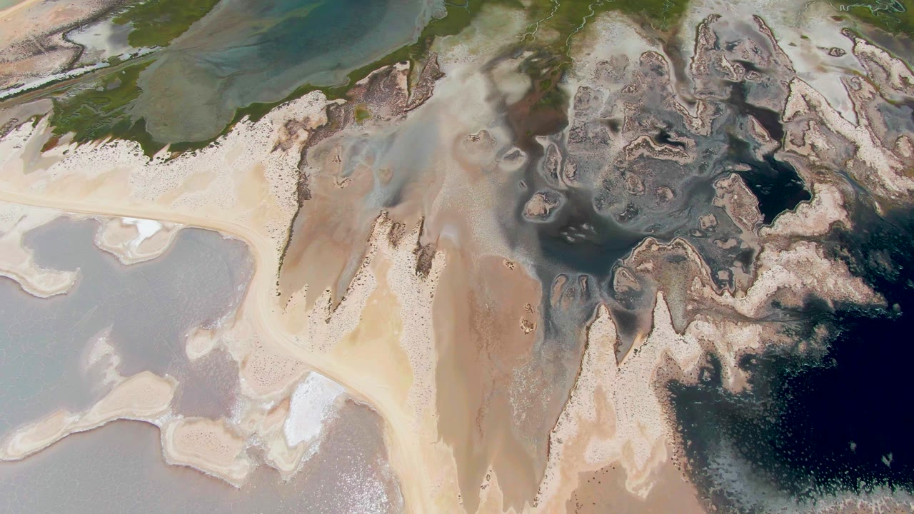 Straight-down Guerrero Negro aerial view with branching pale sand, gray water flats, dark pools, and textured brown sediment, with no visible people.