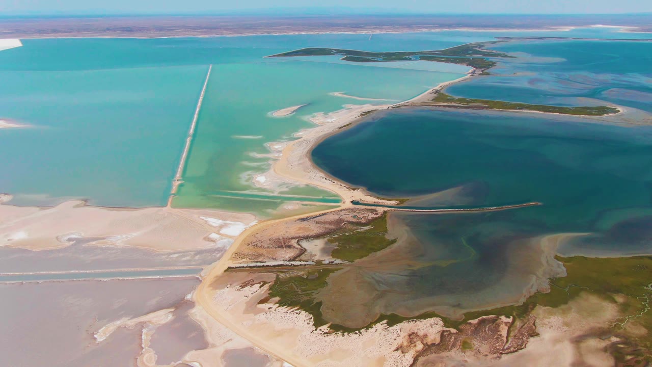 Aerial salt lake with turquoise water, sandy flats, green patches, and a long causeway.