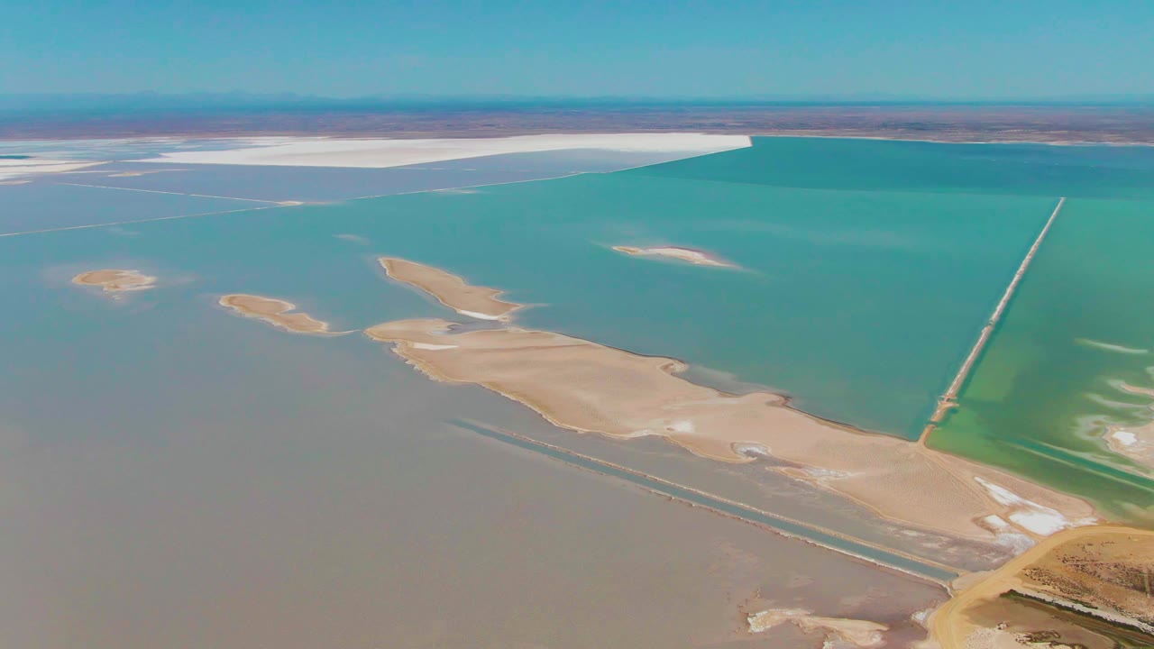 Wide aerial frame over Guerrero Negro salt evaporation ponds with turquoise basins, brown shallow water, pale sand bars, white salt flats, a straight levee, and no visible people.