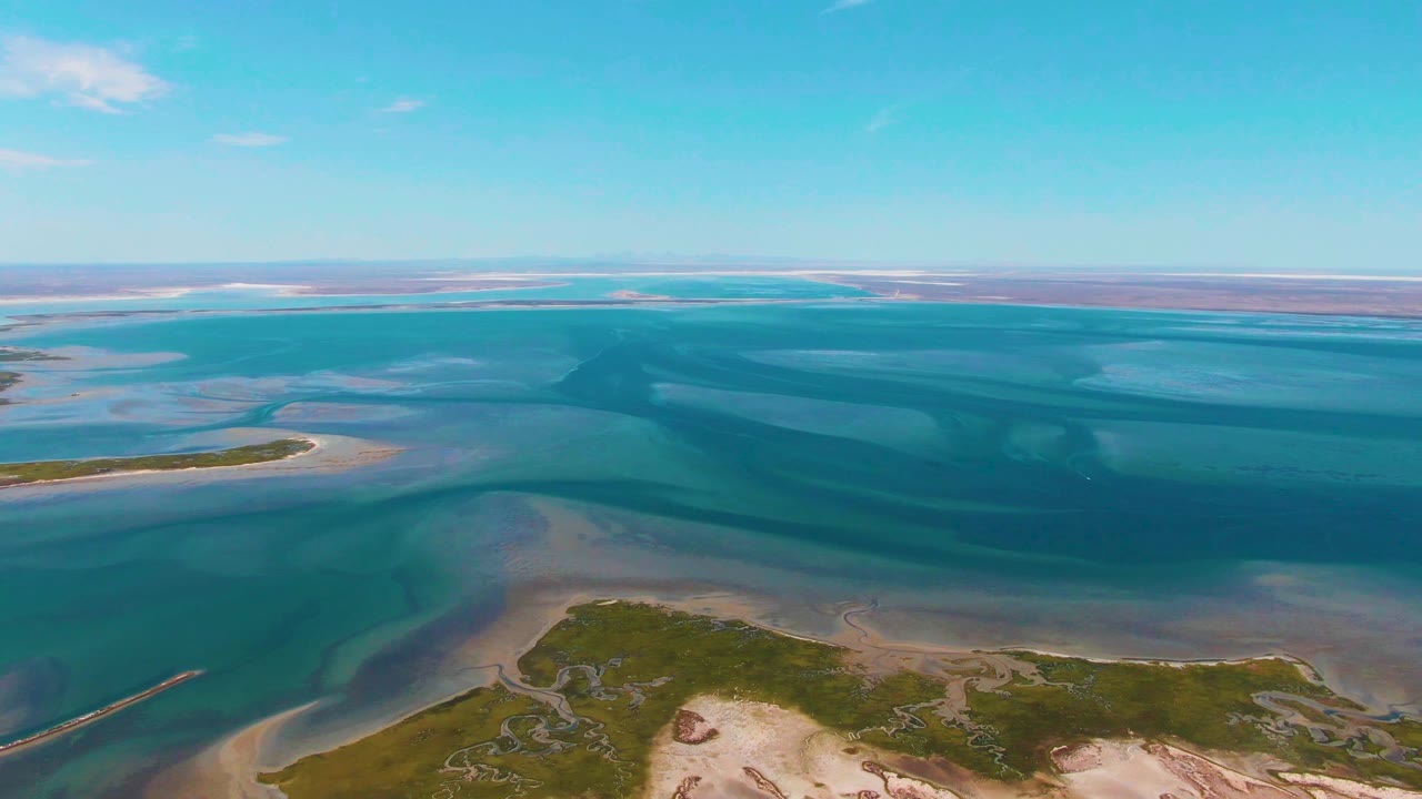 At one second, the Guerrero Negro aerial holds on blue-green water bands, exposed sandy shallows, low green shore vegetation, a flat horizon, and no visible people.