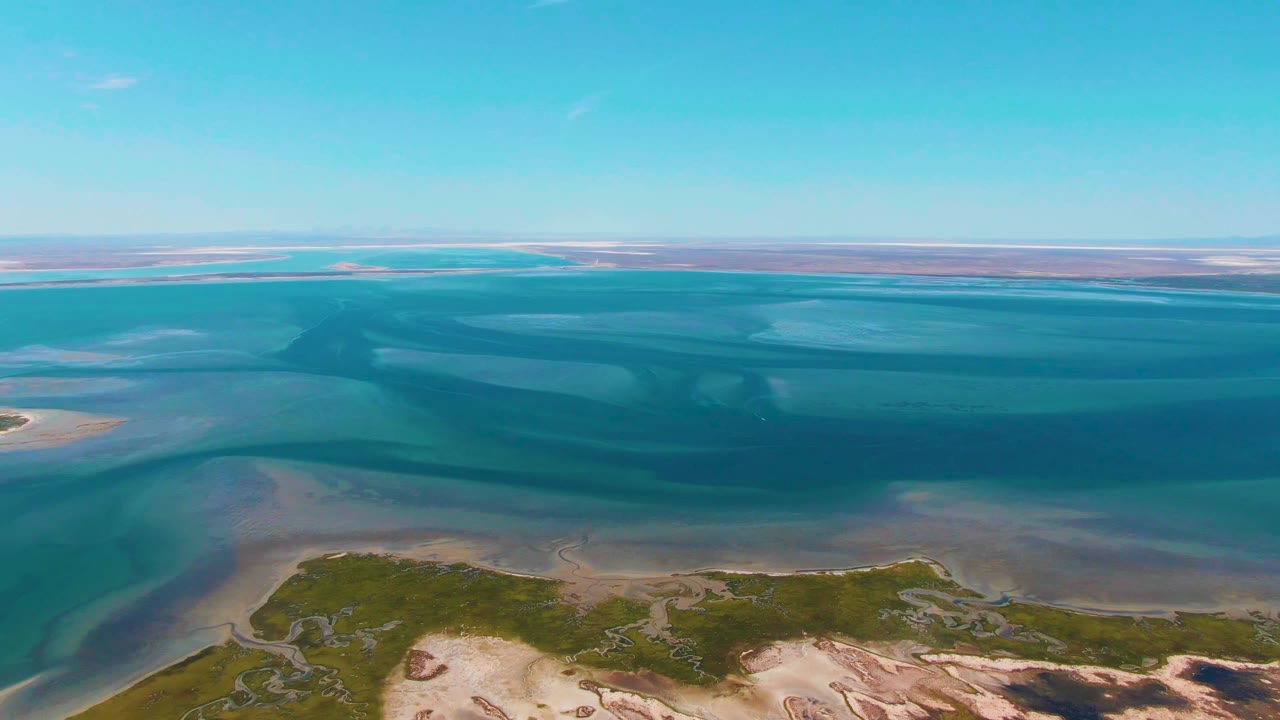 Wide aerial frame over Guerrero Negro with winding tidal water, pale exposed sand, a strip of green wetland plants along the lower frame, and no visible people.