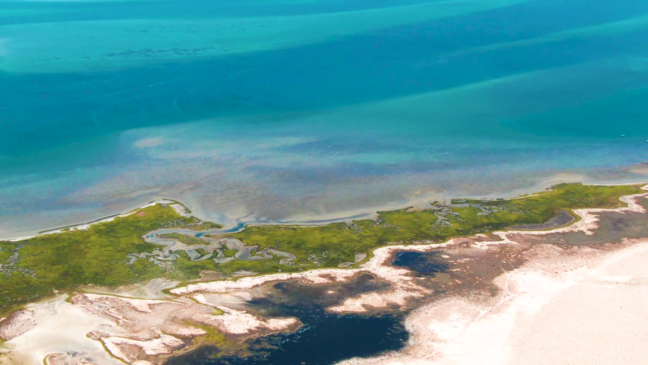 Aerial frame over Guerrero Negro, Baja California Sur, showing turquoise ocean above a sandy and vegetated wetland shoreline with dark water pools and no visible people.