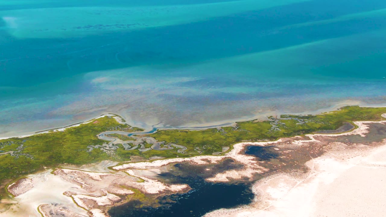 Aerial view in Guerrero Negro where turquoise ocean water meets a green marsh strip, white sand flats, dark tidal pools, and no visible people.