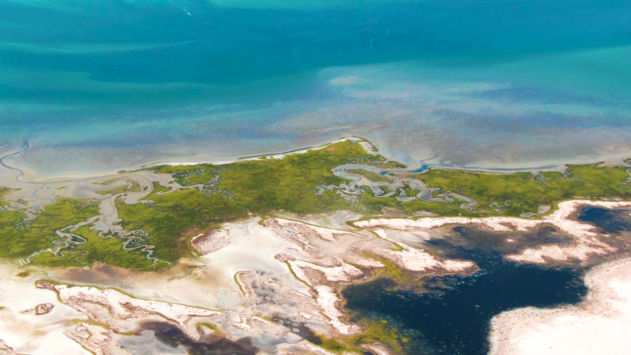 Mid-clip frame over Guerrero Negro coastal marsh with blue-green water across the top, a low green wetland band, pale sandbars, and no visible people.