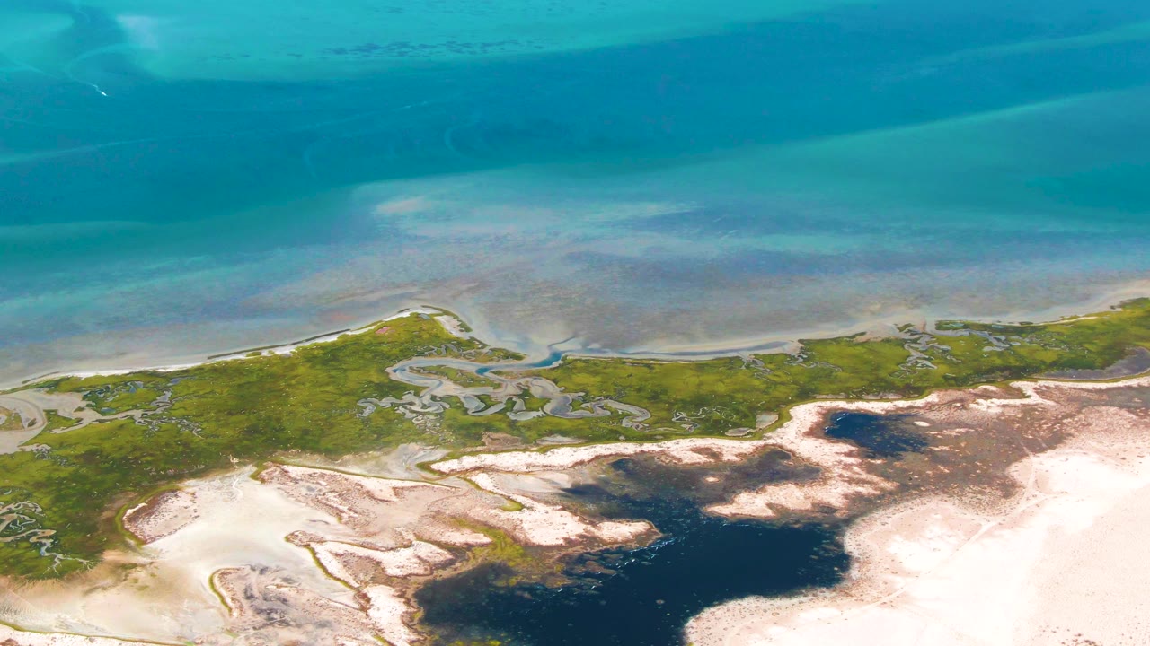 Aerial frame from Guerrero Negro showing shallow blue water across the top, a green marsh band with winding channels, white sand below, and no visible people.