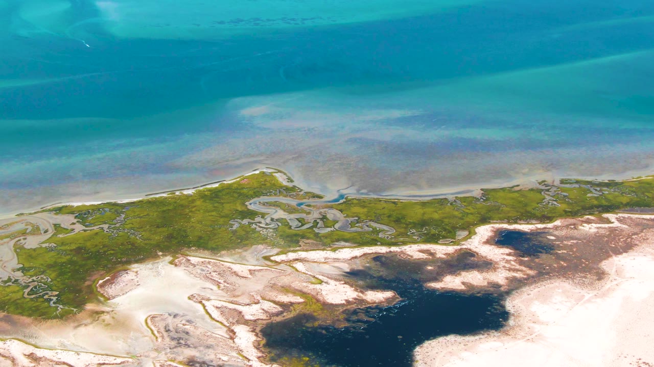 Overhead Guerrero Negro shoreline frame with blue shallow water, green marsh channels through the center, bright sand flats below, and no visible people.
