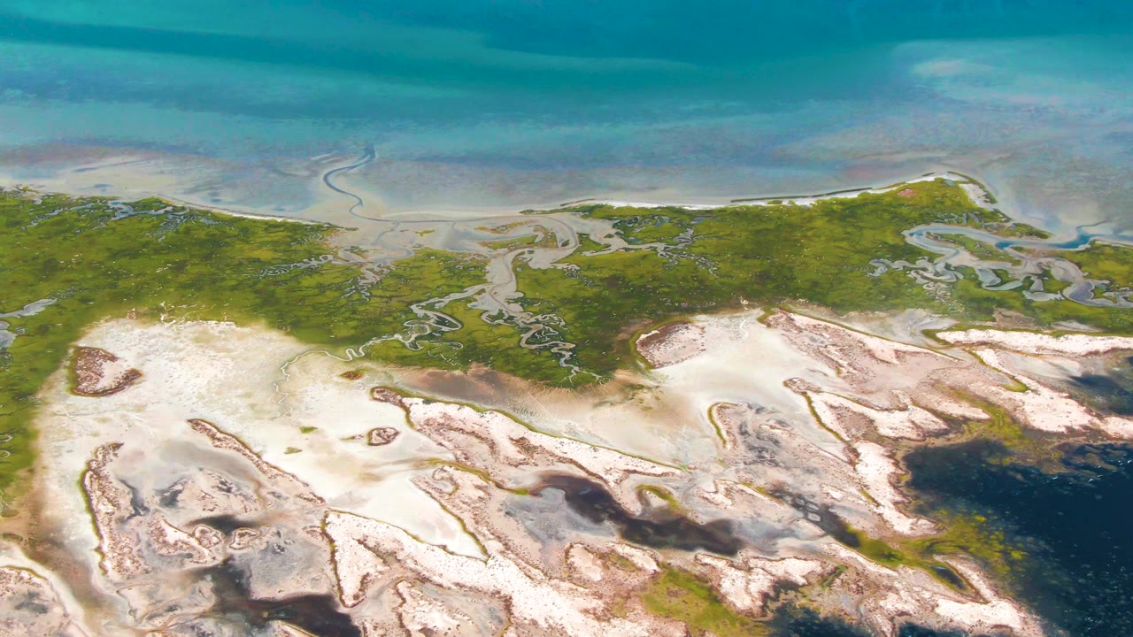Aerial frame in Guerrero Negro, Baja California Sur showing broad turquoise water above a green wetland strip and pale muddy flats below, with no visible people.