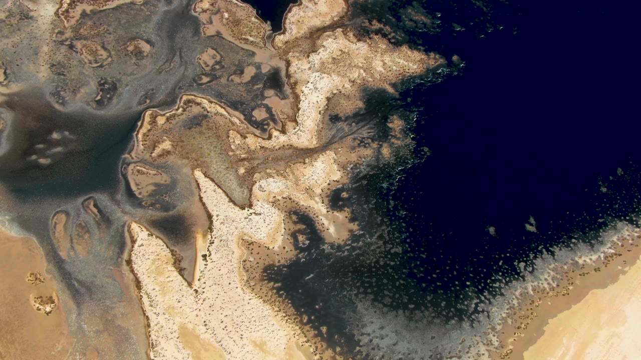 Overhead coast with dark water, pale sand, and brown sediment plumes.