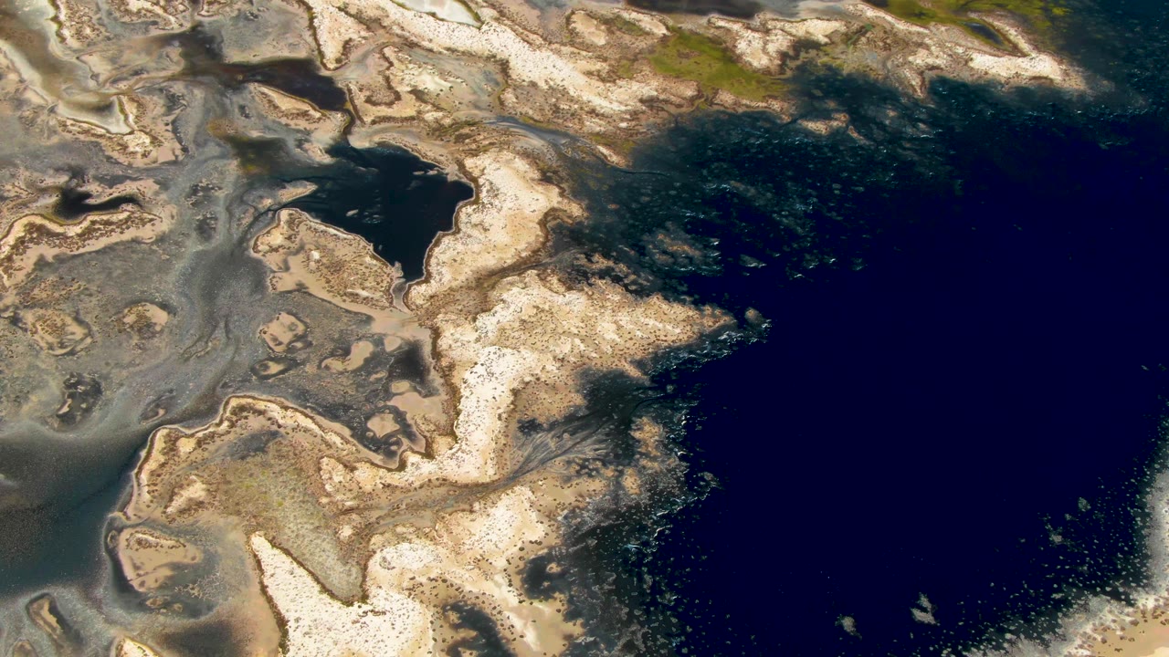 Overhead view in Guerrero Negro, Baja California Sur showing pale irregular coastal ice or crusted shoreline beside dark blue open water, with no visible people.