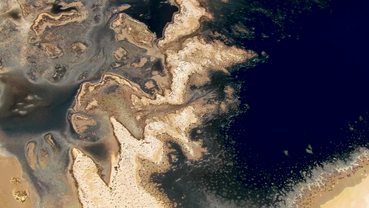 Overhead tidal flats with pale sandbars and dark water.