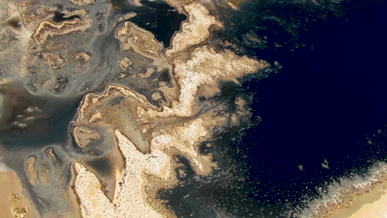 Top-down Guerrero Negro shoreline view showing a winding pale sandbar beside deep blue water, mottled wet sand, and no visible people.