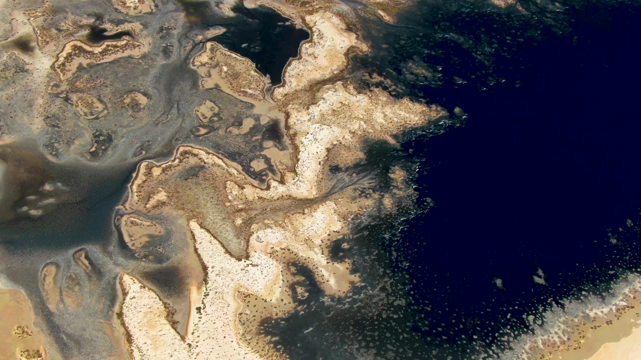 Overhead frame from Guerrero Negro, Baja California Sur, showing exposed sand, shallow gray channels, dark water at right, and no visible people.